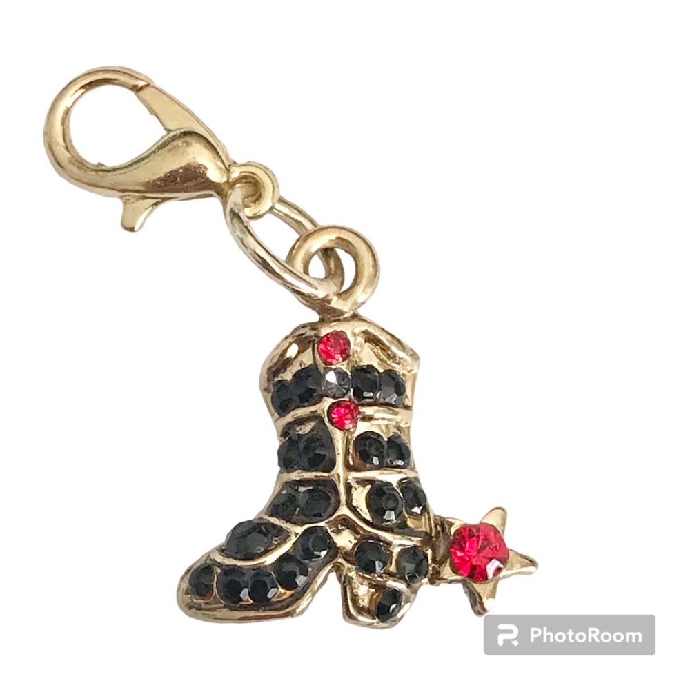Vintage Cowboy Boot Charm Crystal Gold Plated Clip On Zipper Pull Purse Cowgirl